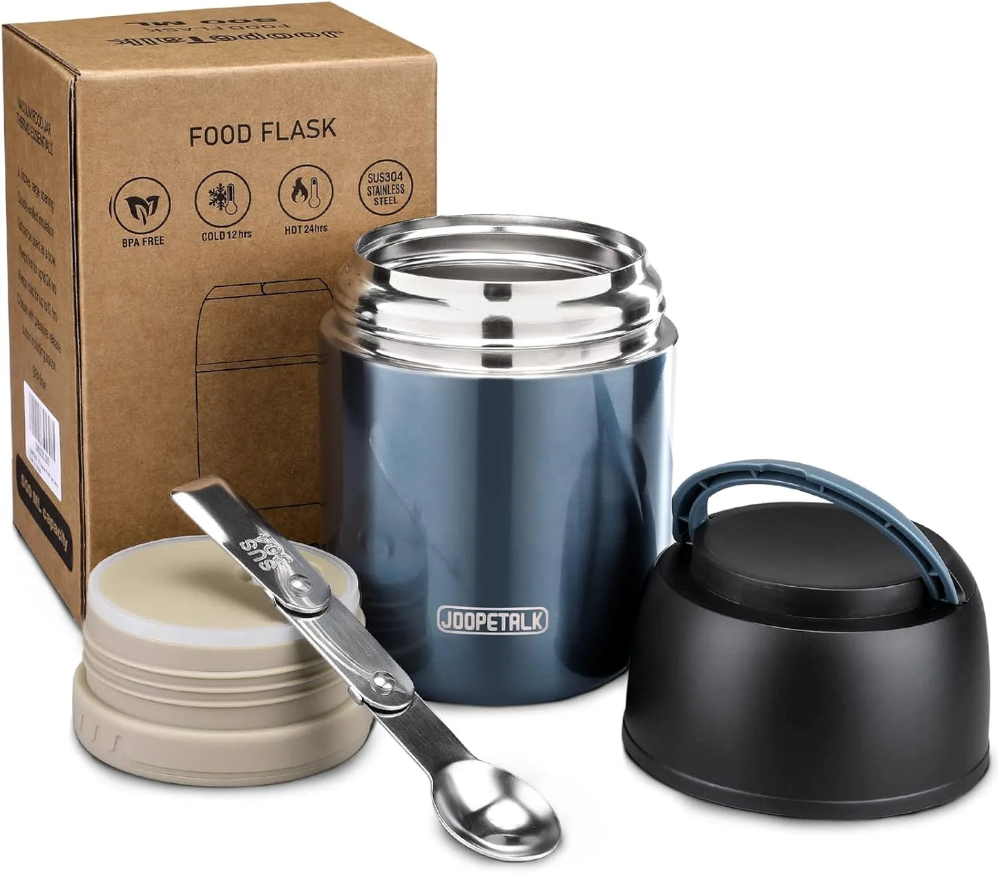 Blue 17 oz vacuum stainless steel insulated lunch container with handle and spoon