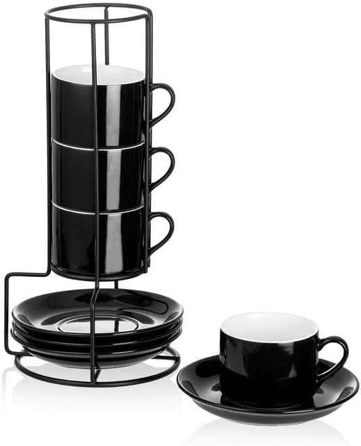 4oz Porcelain Stackable Espresso Cups with Saucers and Metal Stand Set of 4, Stackable Cappuccino Cu