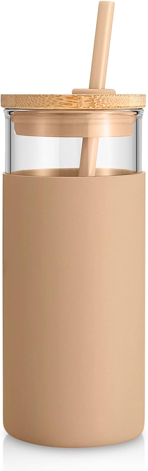 Tronco 20 oz Glass Tumbler with Lid & Straw - Iced Coffee Cup & Smoothie Cup With Silicone Sleeve |