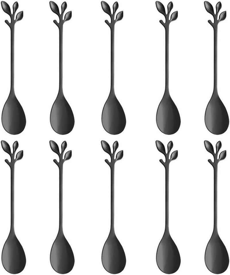 AnSaw Elegant Black Leaf Coffee Spoons - 10-Piece, 4.7" Mini Stainless Steel Espresso & Dessert Tea