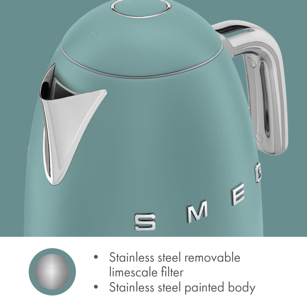 SMEG KLF03 Electric Kettle 1.7L (7 Cup), Retro Hot Water Boiler for Tea & Coffee, Fast Boiling, Auto Shut-Off, Soft Open Lid, 360° Swivel Base Countertop Kettle – Matte Jade