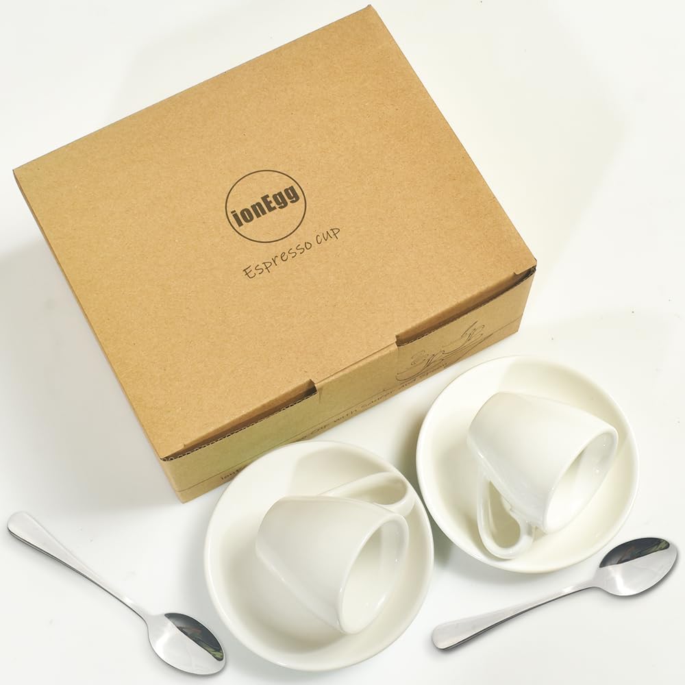Porcelain Espresso Cup with Saucer And Stainless Steel mini Spoons, Espresso shot Cup, 80ml/2.7Oz, Pack of 2, White