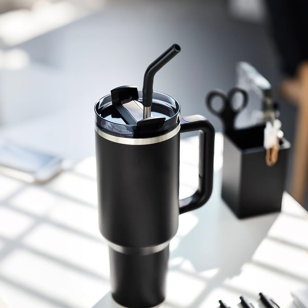 Metal Straw for 40 oz Stanley Cup, Reusable Stainless Steel Straws with Silicone Tip for Simple Modern, Meoky 40oz Tumbler, 12" Extra Long Straws, Cleaning Brush, 1 Portable Bag