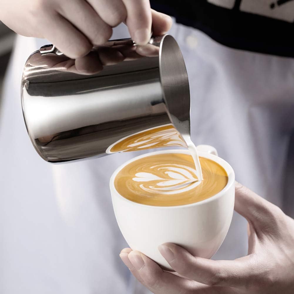 CAMKYDE Milk Frothing Pitcher 20 oz, Stainless Steel Espresso Steaming Pitcher with Decorating Pen for Coffee, Espresso Machines, Cappuccino, Latte Art (Silver)