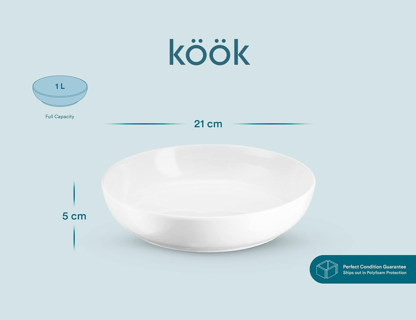 KooK Pasta Bowl, Salad Bowls, Bowls, Serving Bowls, Soup, Ceramic, Large Capacity, Microwave & Dishwasher Safe, Set of 4, 40 Oz, (White)