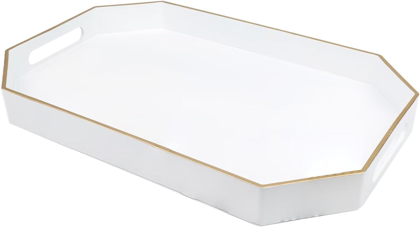 White Decorative Tray with Handles, Octagon Versatile Serving Tray for Coffee Table, Ottoman, Ideal