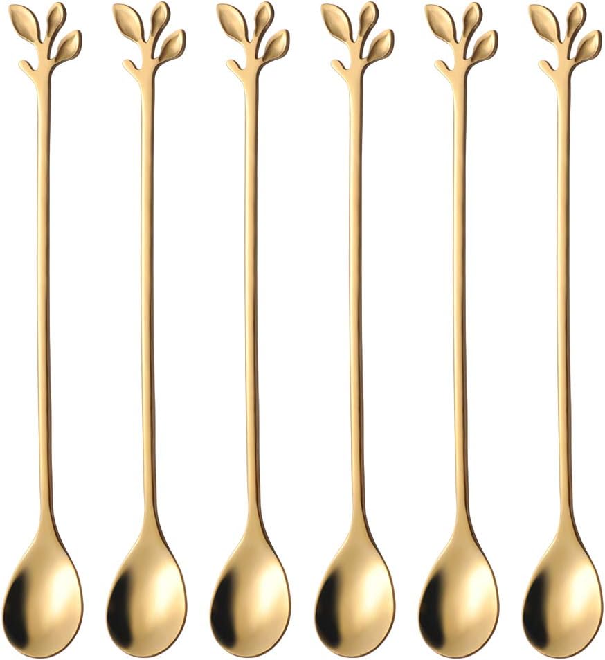 AnSaw 6-Piece Elegant Gold Leaf Long Handle Teaspoons - 7.4" Stainless Steel Stir Spoons for Coffee