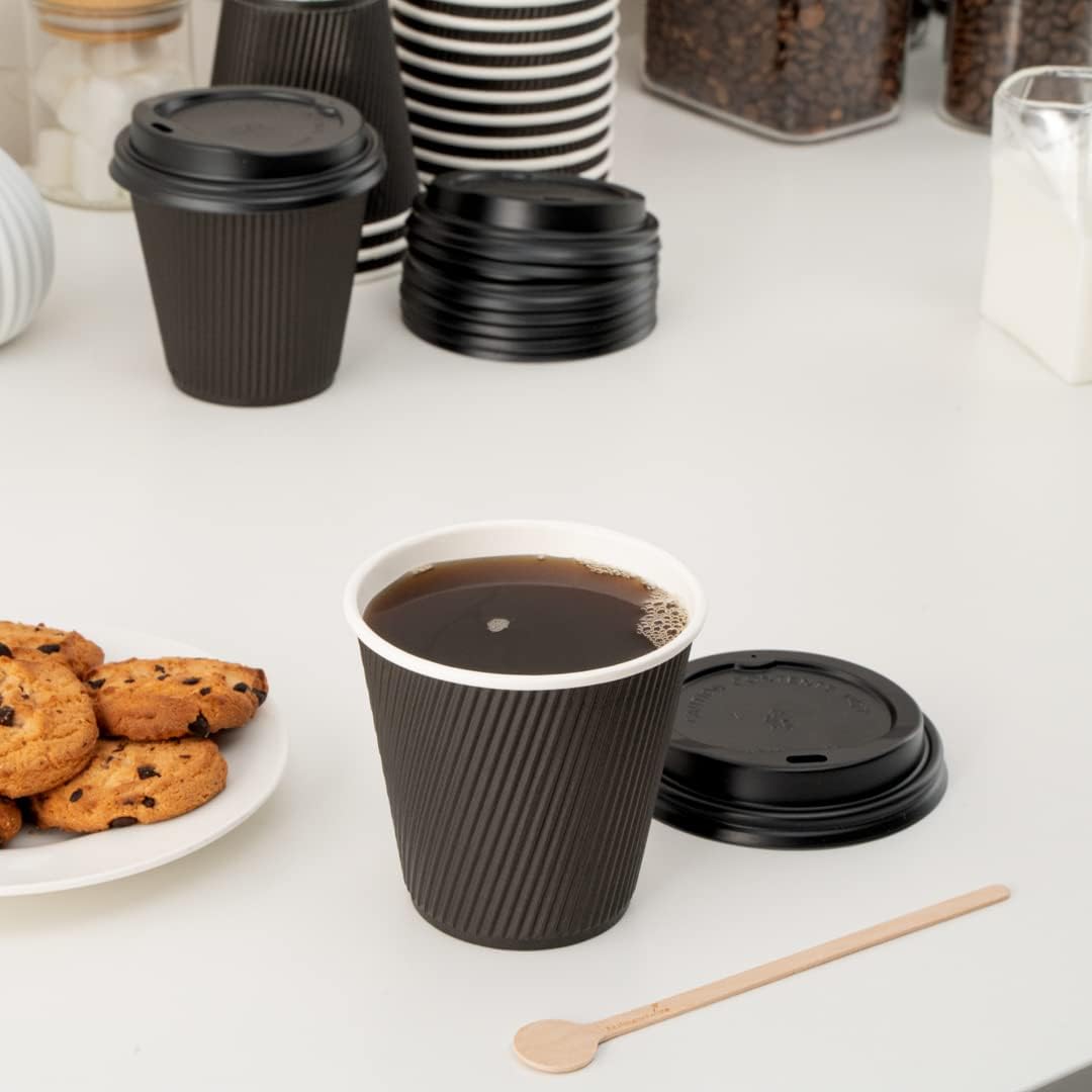 Restaurantware Ripple Wall Coffee Cups 25 Count 8 Ounce Insulated Black Paper Cups, Rolled Rim Spill-Resistant Disposable Paper Non-Slip for Coffee, Beverages