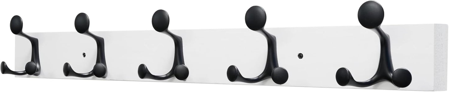 SKOLOO 30-Inch White Wood Coat Rack Wall Mount with 5 Triple Hooks - Ideal for Family Entrances, Cla