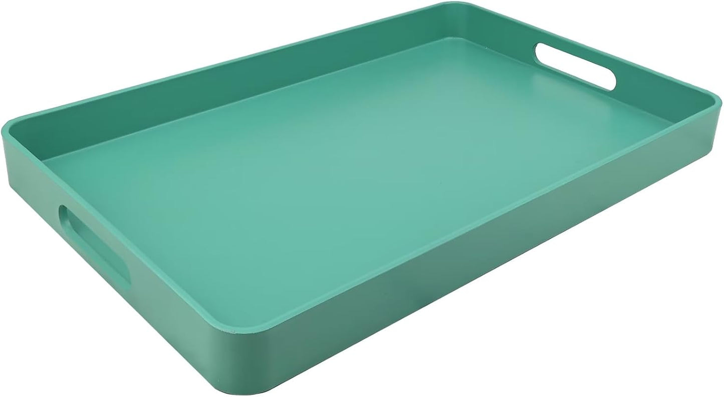 Green Decorative Serving Tray with Handles, Plastic Coffee Table Tray for Outdoor Patio, Living Room