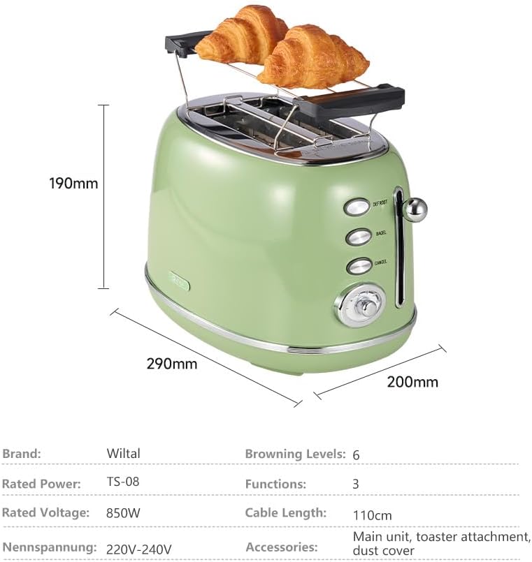 Toaster Retro 2 Slice, Vintage Green Toaster with Lid, with Bread Attachment, Preheat, Defrost And Cancel Functions, 6 Browning Levels (Green)