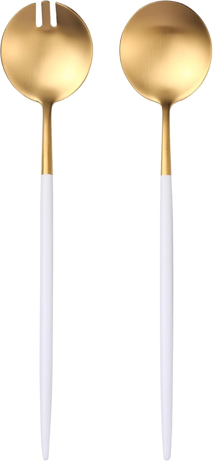 Lemeya White Gold Salad Serving Utensils,Serving Spoons Stainless Steel,2Pcs Long Handle Salad Serve