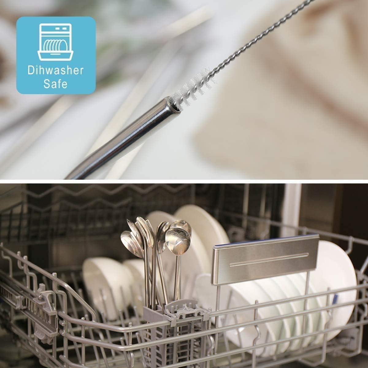 8pcs 2 in 1 Stainless Steel Straws Spoons with 2pcs Cleaning Brushes | Reusable Metall Straws Spoon Snow Cone Straws Drinking Stainless Steel Ice Tea Long Spoons Straws for Cocktail Milkshake