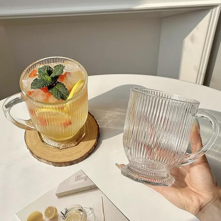 Ribbed Glass Coffee Mugs Set of 4,16 Oz Clear Diner Cups,Large Espresso Cups with Spoon, Glass Mugs with Handle Latte Cup with Footed Base for Hot Beverages,Cappuccino Cups, Stylish Drinkware