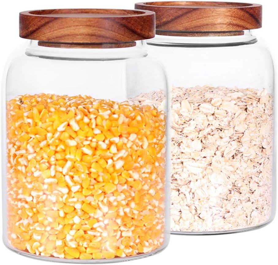 Glass Storage Jars with Airtight Lids, Set of 2 42 FL OZ (1250ml) coffee container with Wooden Lid, Glass Pantry Canister for Beans, Rice, Sugar and etc (6.3 inch high)