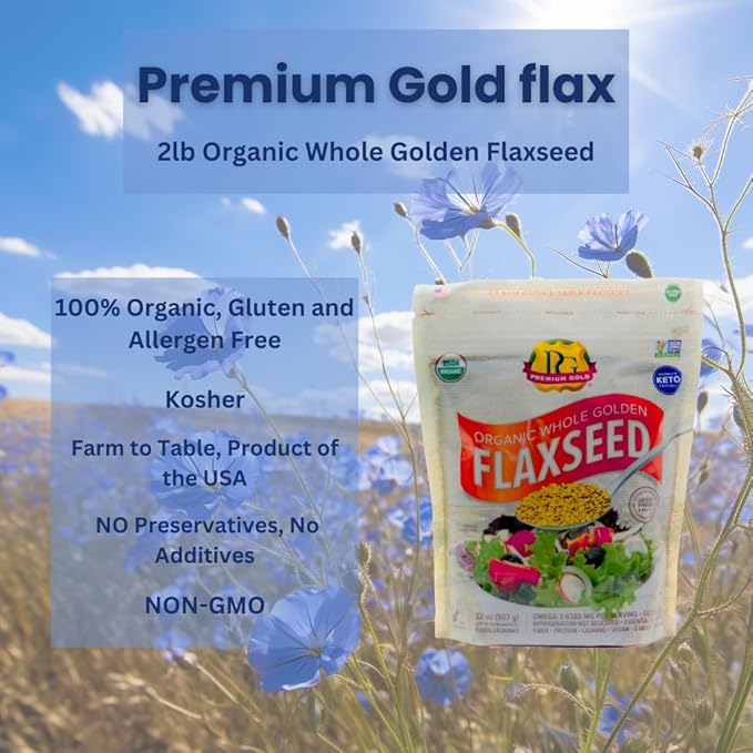 Premium Gold | Organic Whole Flax Seed | 2 lbs, Gluten-Free, Non-GMO, Kosher, Raw Seeds, Excellent Source of Fiber, Source of Omega-3, Plant-Based Protein, Ideal for Beverages, Baking & Topping