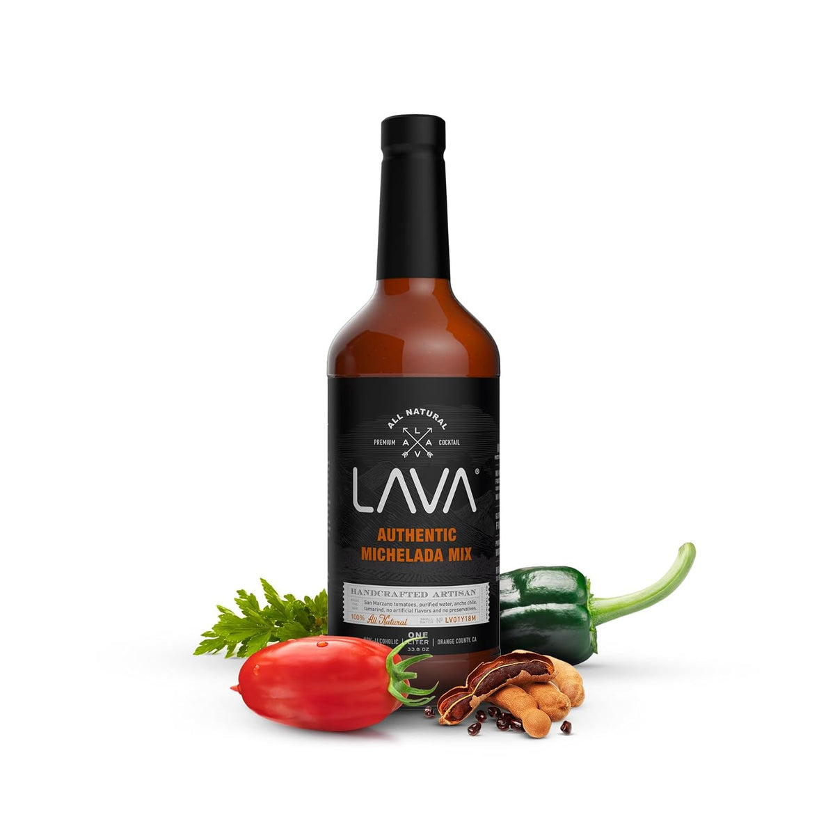 LAVA Premium Authentic Michelada Mix Craft Cocktail Mixer, Made with Real Tomatoes, Ancho Chile Peppers, Tamarind, No Junk Ingredients, Vegan, 1-Liter (33.8oz) Glass Bottle, Ready to Use