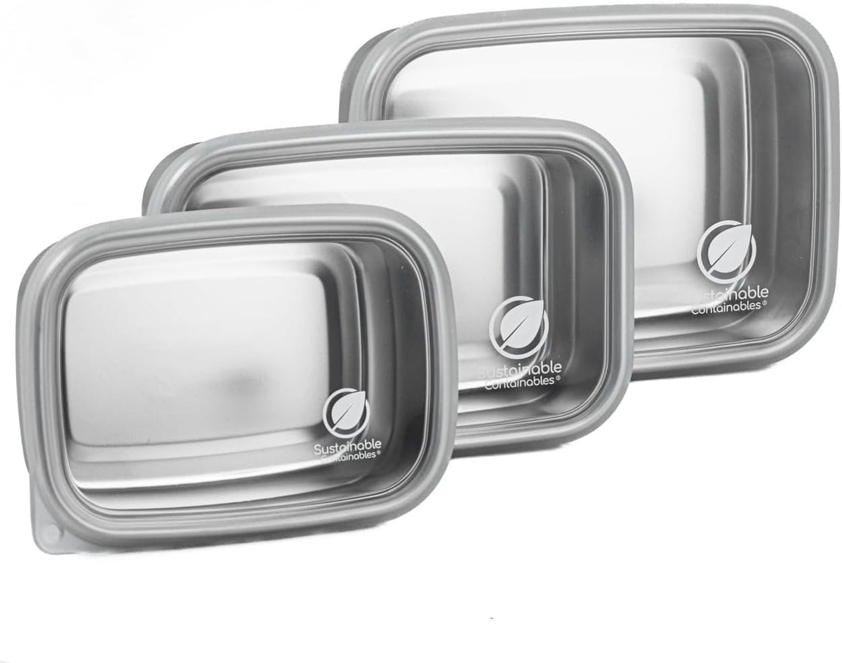 Stainless Steel Food Storage Containers with Clear Platinum Silicone Lids, Airtight, Leakproof 18/8 (304) Food Grade SS Nested 3Pk 20/30/40 oz Plastic-Free