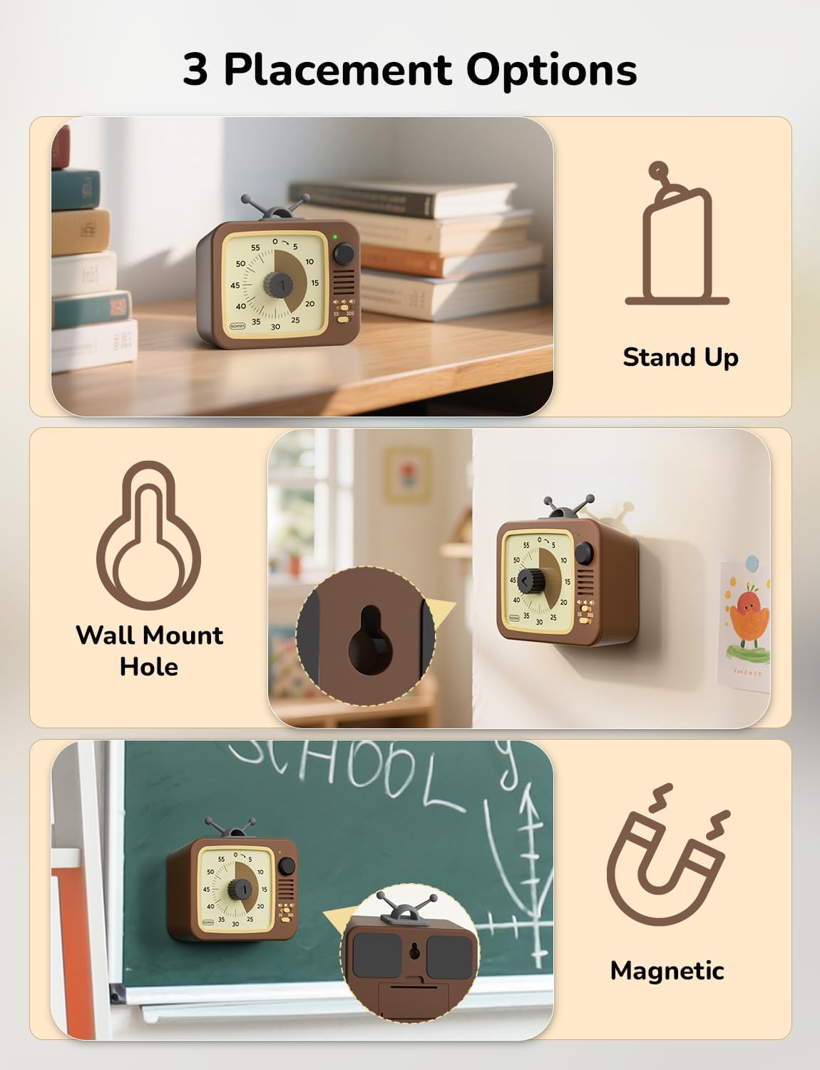 LIORQUE Visual Timer for Kids with Pause, 60 Minute Countdown Timer, Brown | Non-Ticking, 3 Volume Levels, Back Magnetic, Two Ringing Durations, Light Indicator, for Classroom Kitchen Office ADHD