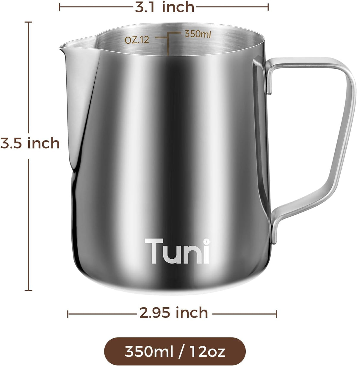 Tuni Milk Frothing Pitcher 12oz/350ml Stainless Steel Milk Jug Steaming Cup
