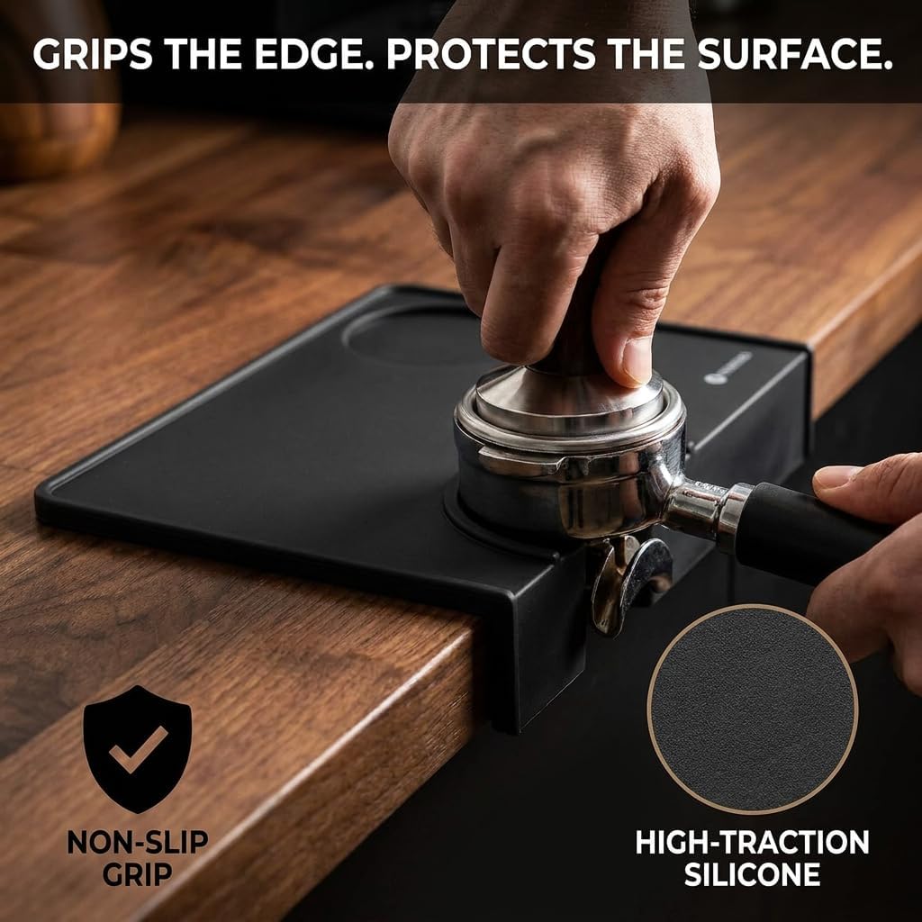 Espresso Tamping Mat, Non-Slip Silicone Tamper Mat for Espresso Machine & Countertop, Barista Tamping Station Pad with Portafilter Notch & 90° Counter Edge, fits 51-58.5mm