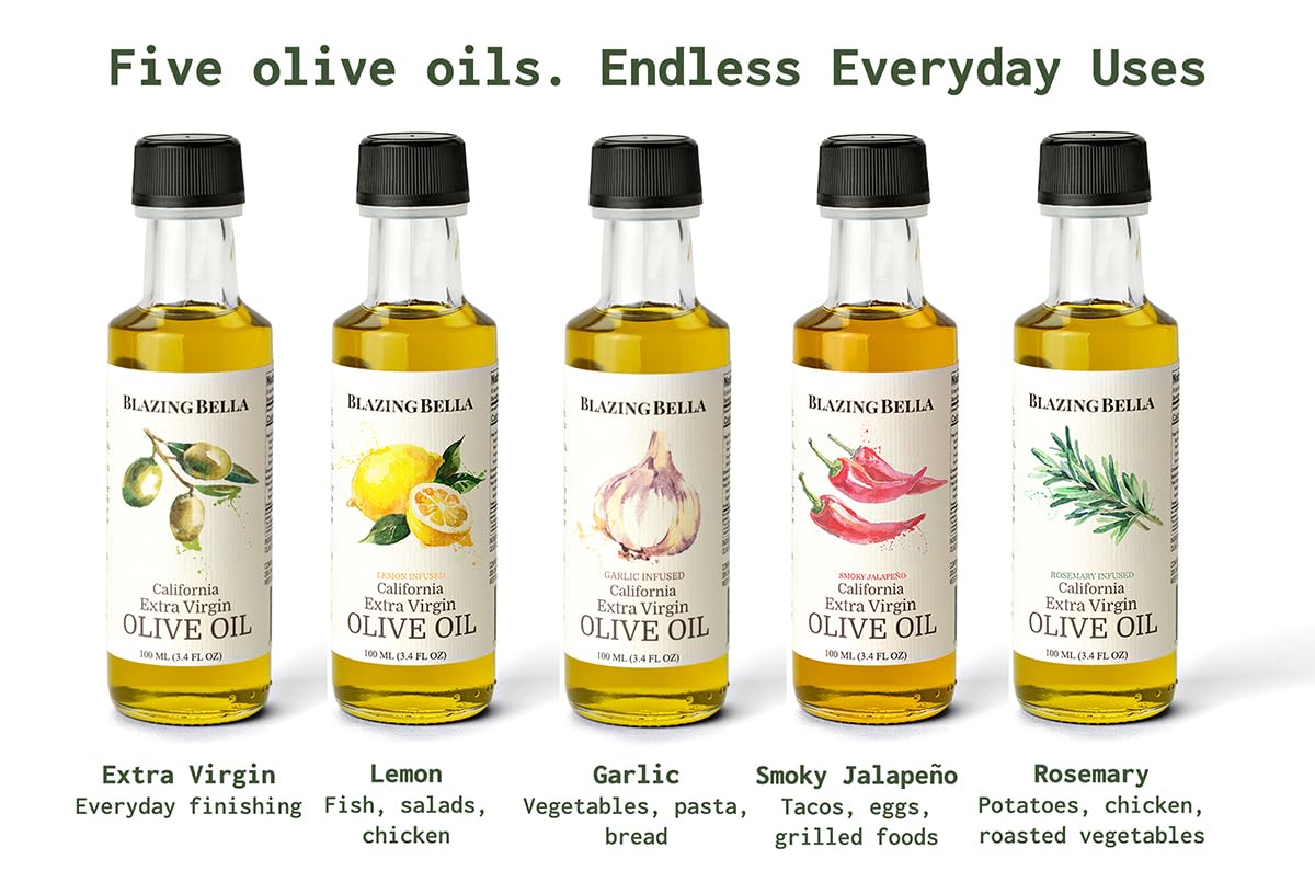 Blazing Bella Olive Oil Gift Set – Extra Virgin and Infused Olive Oil Sampler Set – Garlic, Lemon, Rosemary & Smoky Jalapeño – Cold-Pressed California Olive Oil – 5 × 100ml Bottles