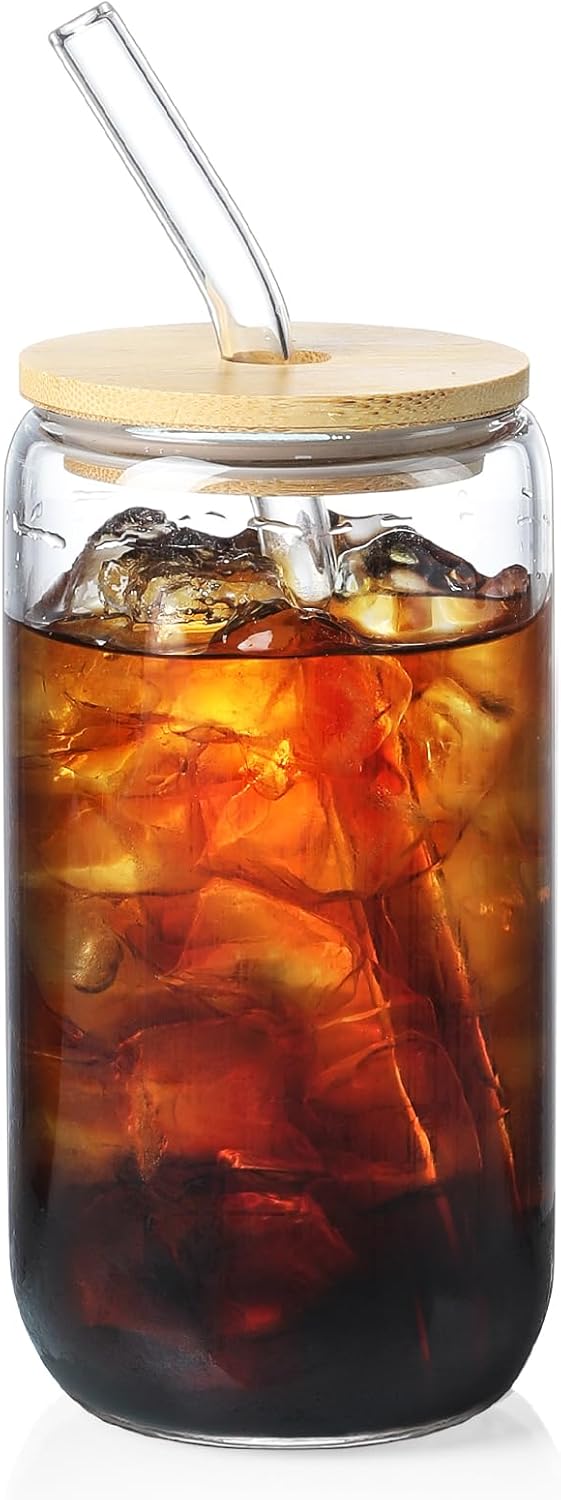 NETANY 1 Pack Glass Cups with Bamboo Lids and Straws 16 oz, Gifts for Women, Drinking glasses set, I