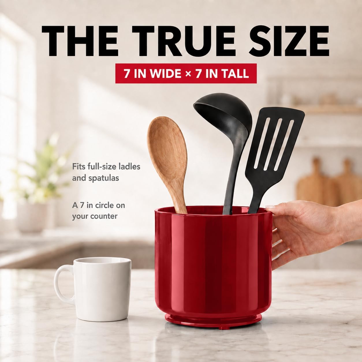 Extra Large Rotating Red Utensil Holder with Sturdy No-Tip Weighted Base, Removable Divider, and Gripped Insert | Rust Proof and Dishwasher Safe Kitchen Utensils Holder by Cooler Kitchen 7*7 Inches