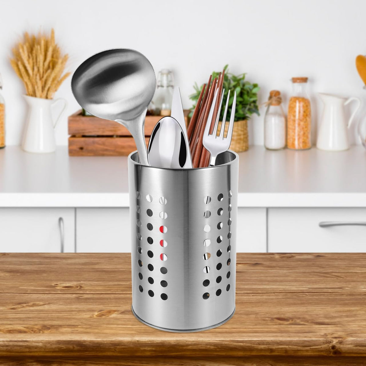 ULTECHNOVO Stainless Steel Cutlery Holder Self-Draining Kitchen Utensil Holder for Chopsticks Spoons and Forks 7.00 X 4.72 X 4.72 in Countertop Drying Rack with Drain Holes
