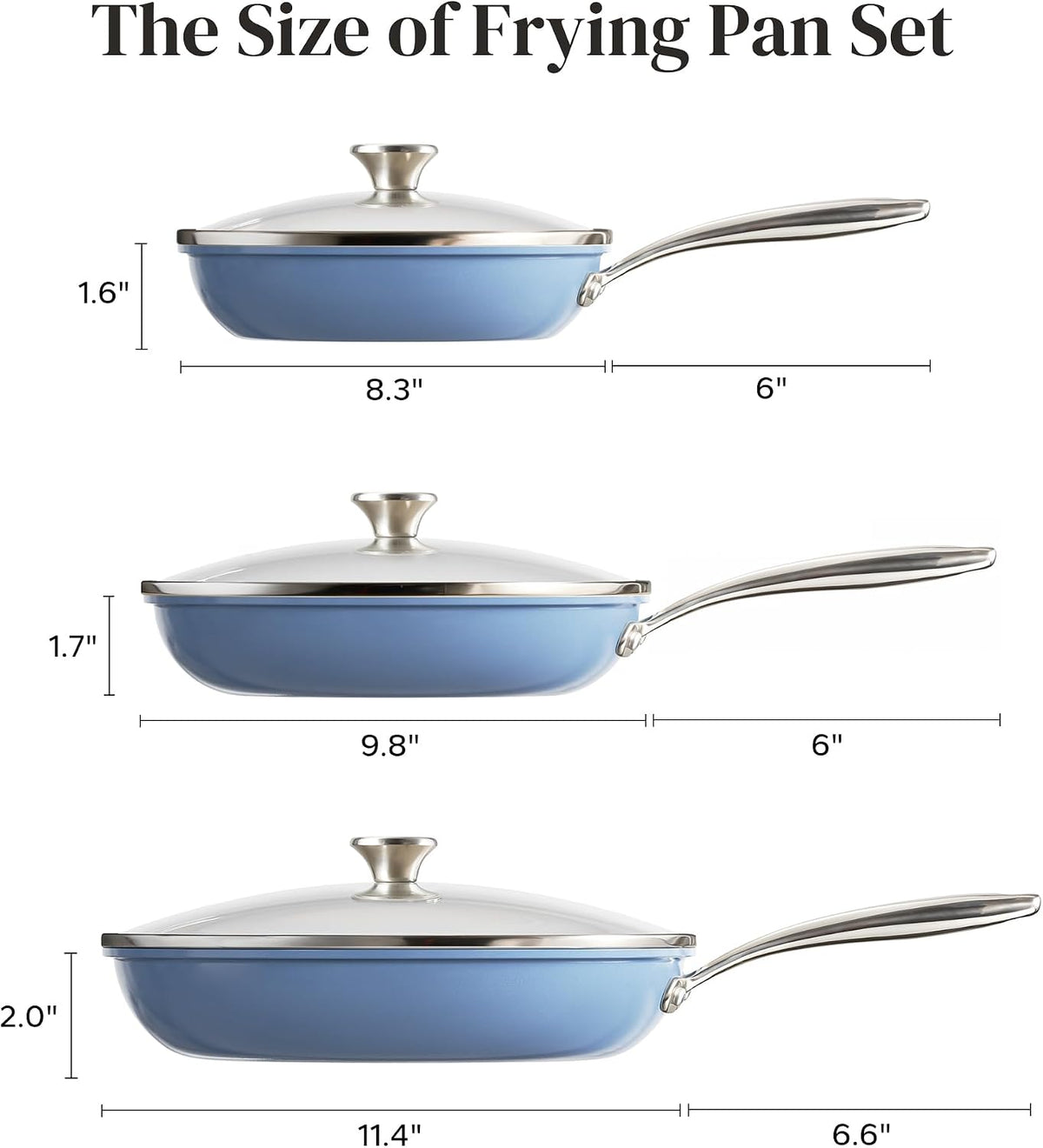 Redchef Nonstick Cookware Sets, Ceramic Frying Pan Set with Tempered Glass Lids, Non Stick Cooking Set, Dishwasher & Oven Safe, Induction Safe, Compatible with All Cooktops, Blue (8", 9.5", 11")
