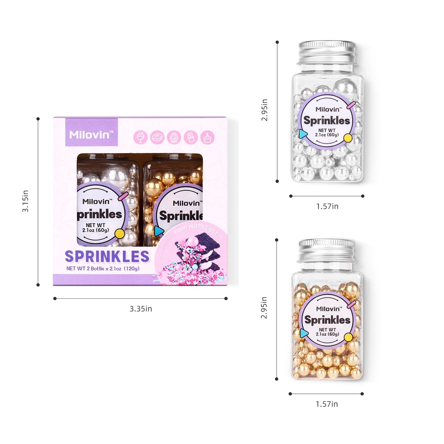 Pearl Sprinkles for Cake Decorating, Gold Pearl Sprinkles, Sliver Pearls Sprinkles, Sugar Pearls, Metallic Sprinkles Mix for Cake, Cupcakes, Macaron, Ice Cream, and Cookies. (120g/4.2oz)