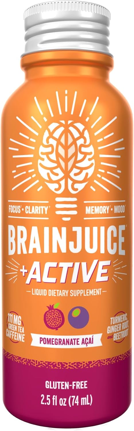 BrainJuice Decaf Active Pomegranate Acai Nootropic Supplement Shot, 2.5 fl oz, 12 Pack