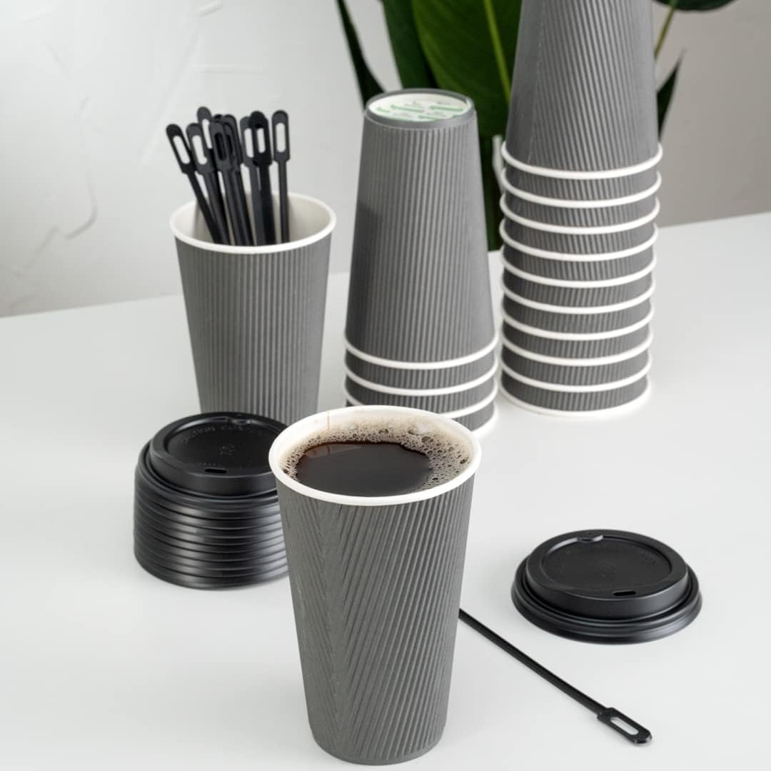 Restaurantware Ripple Wall Coffee Cups 500 Count 16 Ounce Insulated Gray Paper Cups, Rolled Rim Spill-Resistant Disposable Paper Non-Slip for Coffee, Beverages