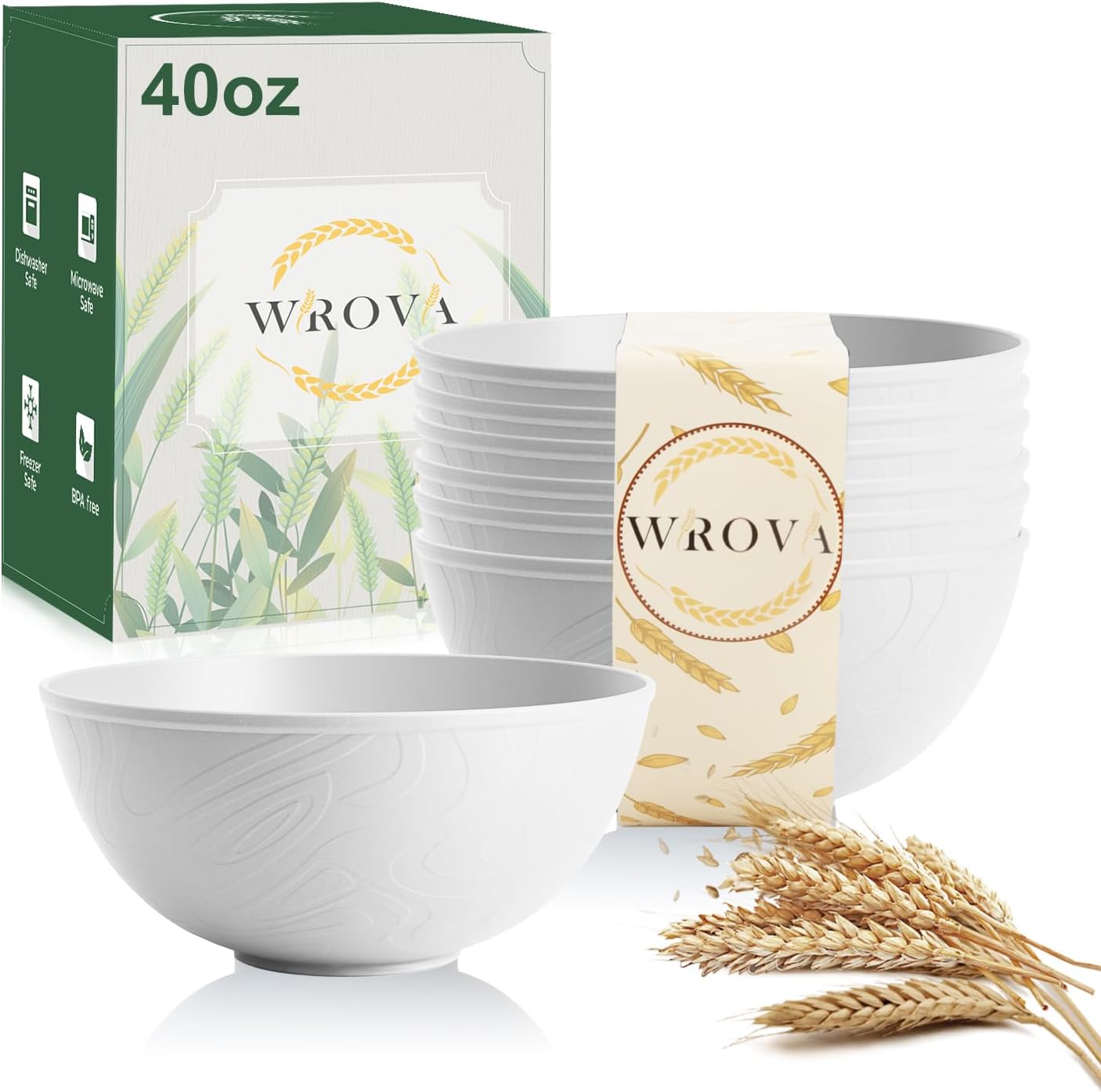 White Wheat Straw Bowls for Cereal and Salad,Alternative Plastic Bowls Set of 6,40oz Unbreakable Sou