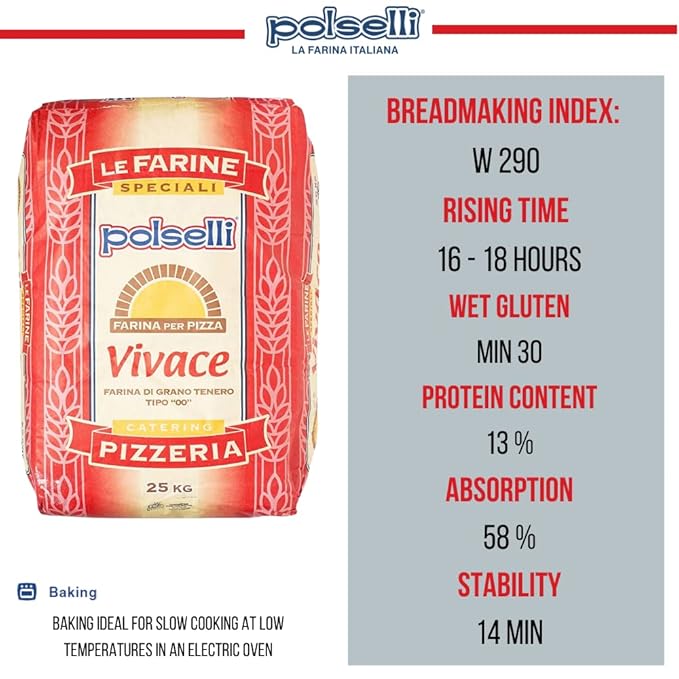Polselli, Vivace, Tipo 00 double Zero Flour, for Pizza, Bread, Pastas, and more, All Natural, Unbleached, Unbromated, No Additives, Formulated for a 24-72 hour rise, (25 kg) 55 lbs by Polselli