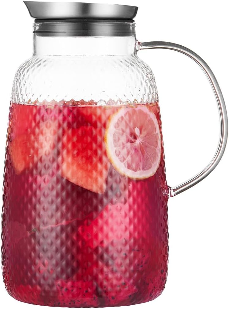 Purefold Pitcher with Lid, 78 oz Glass Jug with Stainless Steel Lid for Hot and Cold Water, Fruit Te