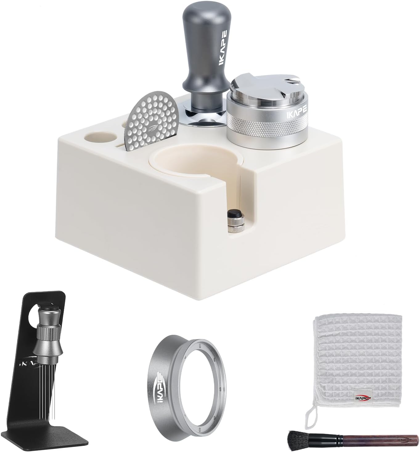 IKAPE 58MM Espresso Tamper Kit Silver 8 IN 1, Coffee Tamper Set comprising a Tamper, Distributor, Ma