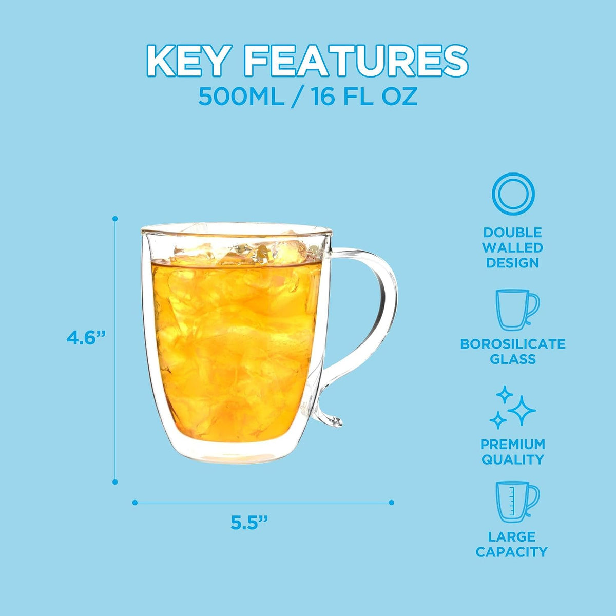 GROSCHE Cyprus Double Wall Glass Mug For Coffee, Tea And Cold Drinks, 16 Oz | Floating Drink Effect Adds Modern Style, While The Lightweight, Dishwasher-Safe Design Makes Daily Handling And Cleanup Easy.