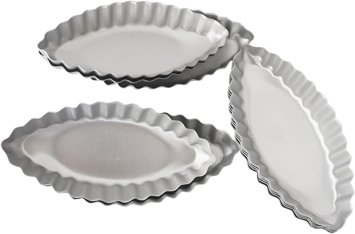 Aluminum Boat Tart Pan Fluted Oval Baking Mold, Small Wavy Tartlet | 10-Pack Flower Edge Tart Tins Pudding Tray for Small Desserts, Quiches, Pudding (4.69 x 2.24 x 0.67 Inch)