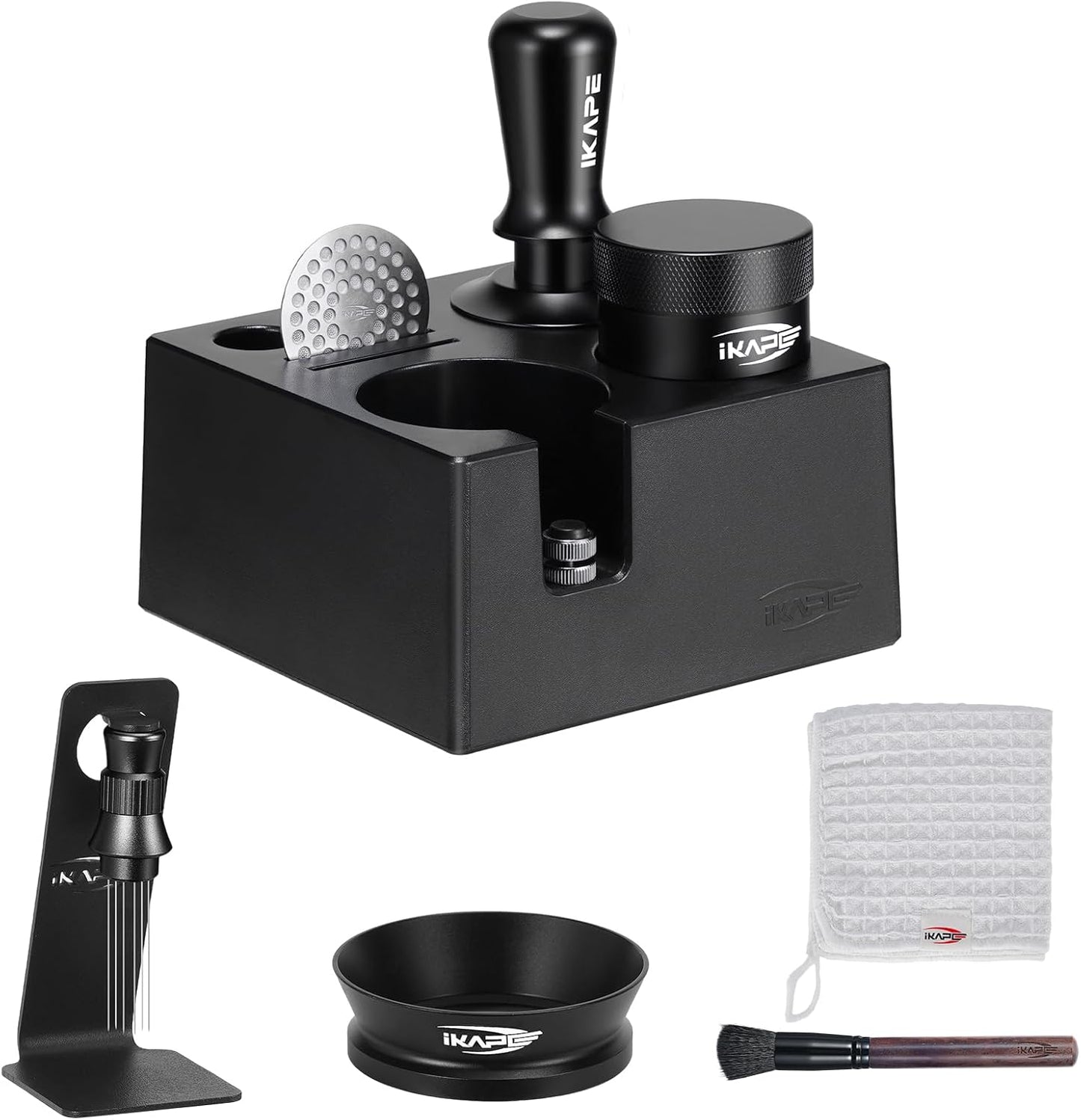 IKAPE 51MM Black Espresso Tool Set 8 IN 1, Coffee Tamper, Distributor, Magnetic Funnel, Puck Screen,