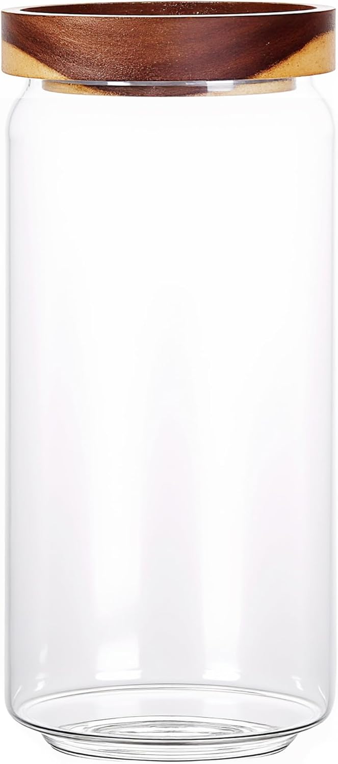 960ML/32Oz Clear Cute Glass Storage Canister Holder with Stackable Airtight Wood Lid, Modern Decorat