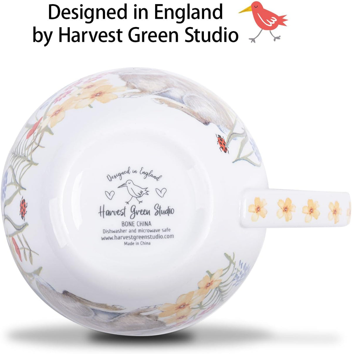20 oz Bunny Coffee Mug with Spring Flowers & Happy Days Slogan, Premium Bone China Rabbit Coffee Cup, Cute Garden Gift for Women, Family&Friends, Designed in England by Harvest Green Studio