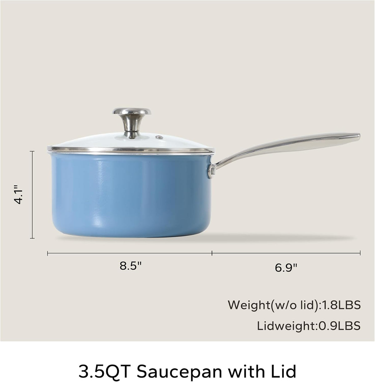 Redchef Nonstick Ceramic Sauce Pan With Lid, 3.5QT Small Cooking Pot with Stay-Cool Handle, Kitchen Non Toxic Soup Pot, PTFE & PFOA Free, Oven & Dishwasher Safe, Compatible with All Stovetops-Blue