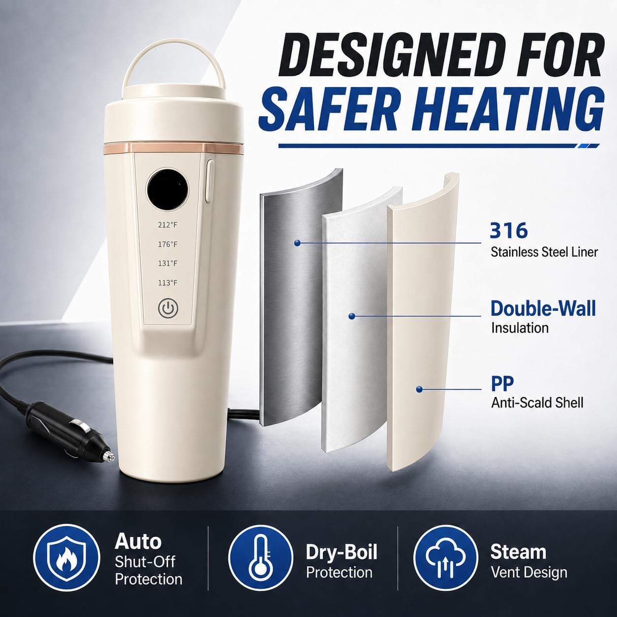 Car Electric Kettle 12V/24V Dual Voltage, Portable Travel Electric Kettle for Road Trips, Mini Small Water Boiler with 4 Temp Control, 316 Stainless Steel,16oz(Beige)