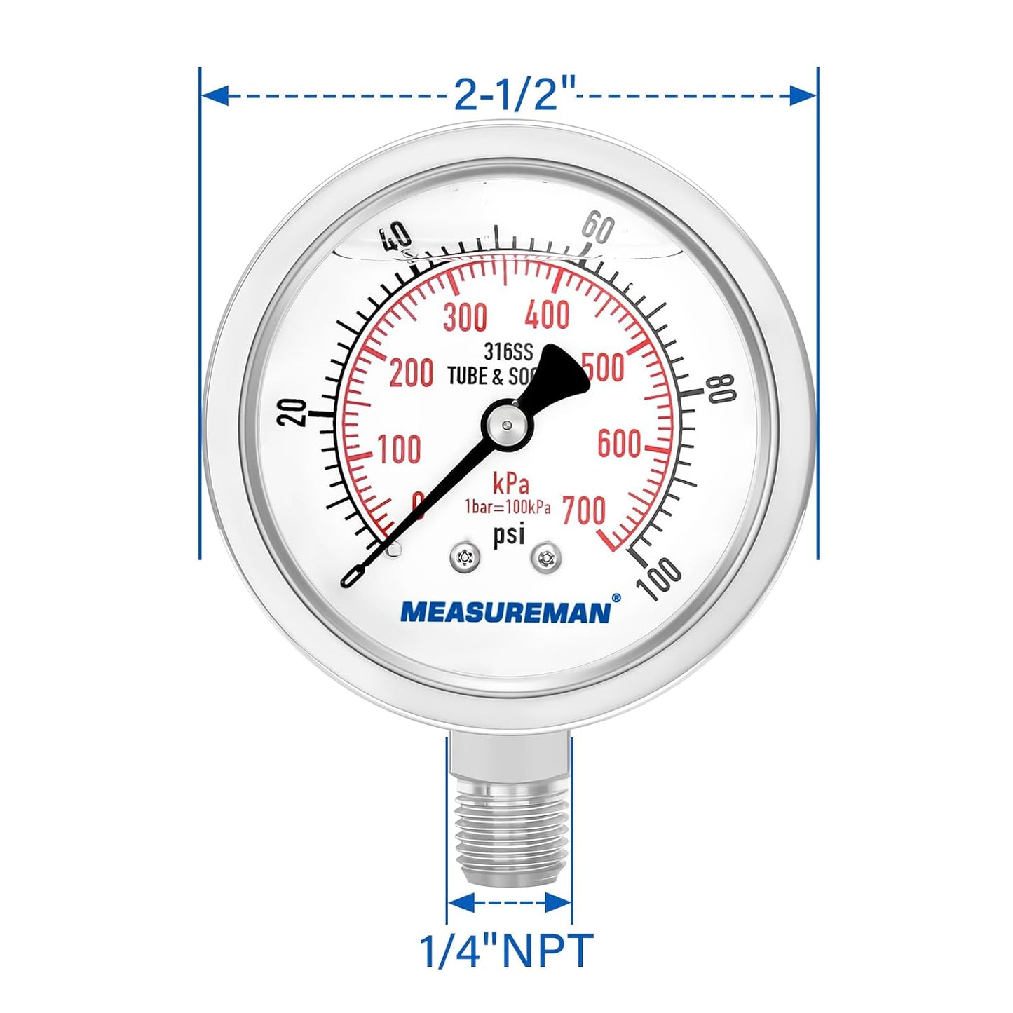 MEASUREMAN Pressure Gauge 1/4 NPT, 0-100psi/kPa Fully Stainless Steel Hydraulic Glycerin Filled Pressure Gauge with 2.5 Inch Dial Size (0-100 psi, Lower Mount - 100% Stainless Steel)