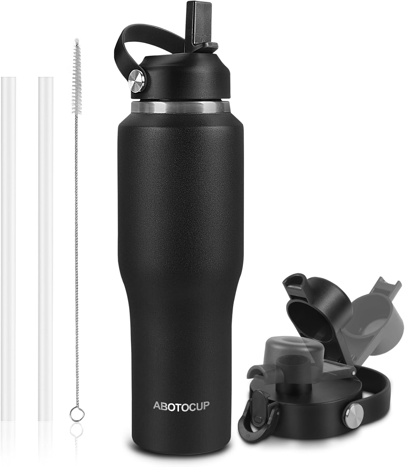 32oz Black Water Bottle Stainless Steel, Keep Cold 24H&Hot 12H, Water Bottle with Straw&Spout Lids,