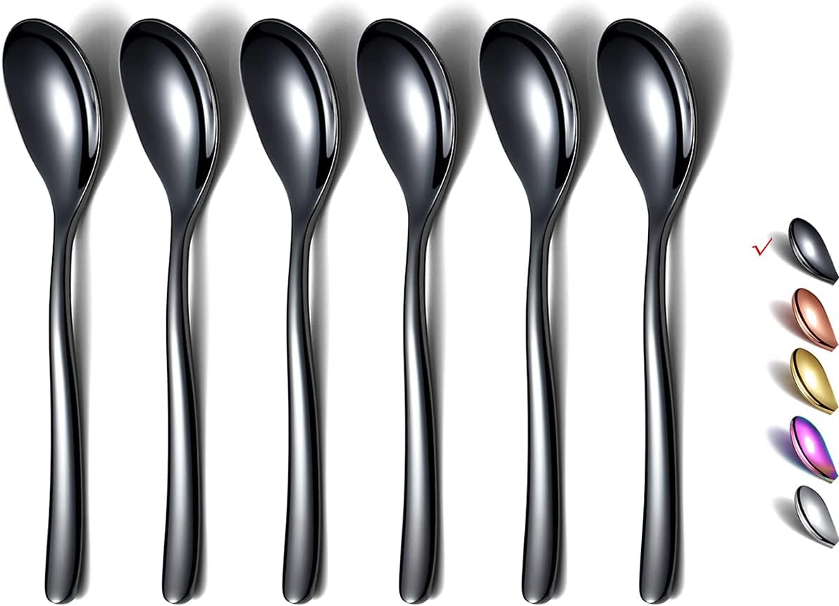 Black Demitasse Espresso Spoons, 5.5'' Mini Coffee Spoons, Set of 6, Stainless Steel, Dishwasher Saf