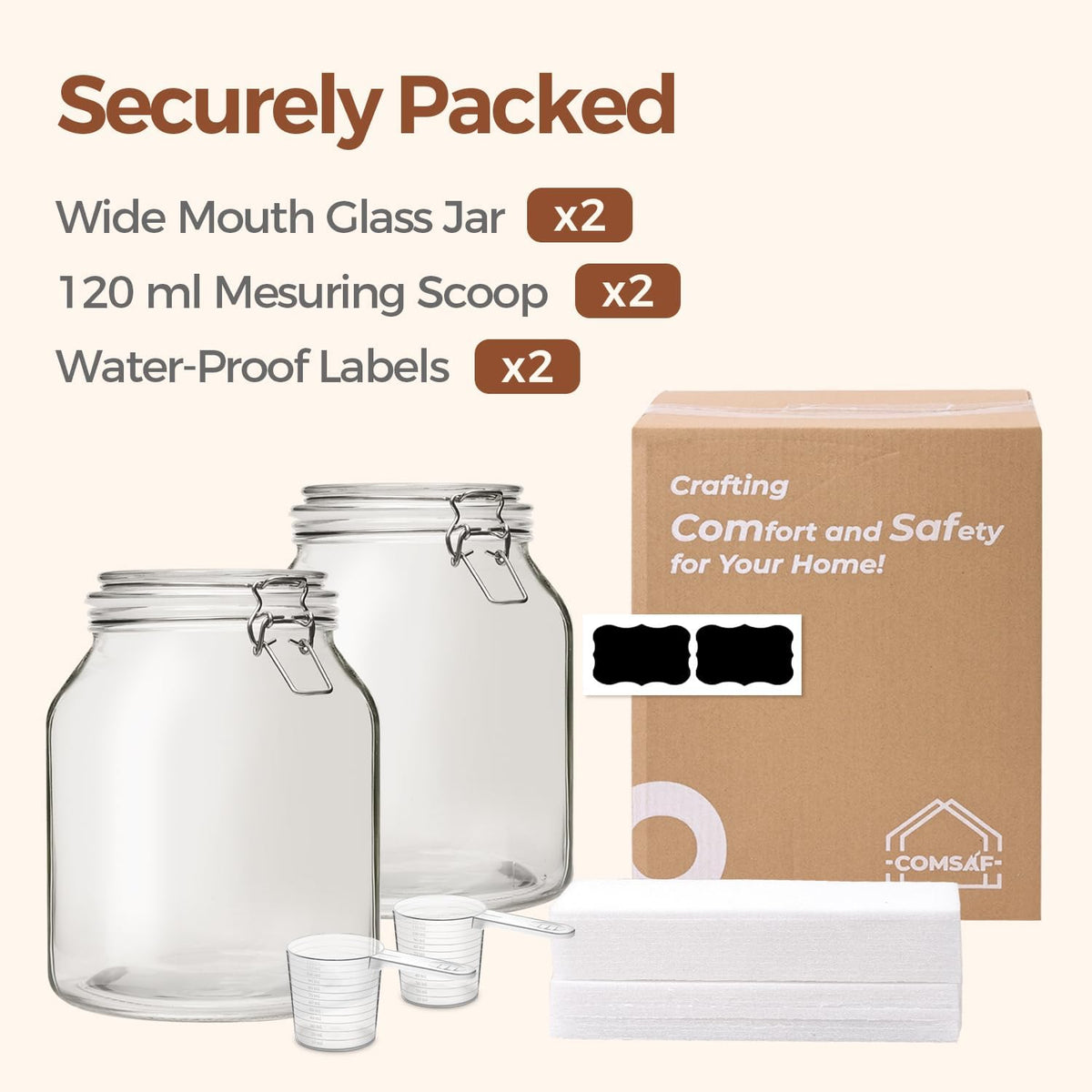 ComSaf Glass Pantry Jars with Airtight Lids 0.7 Gallon 2 Pack Wide Mouth
