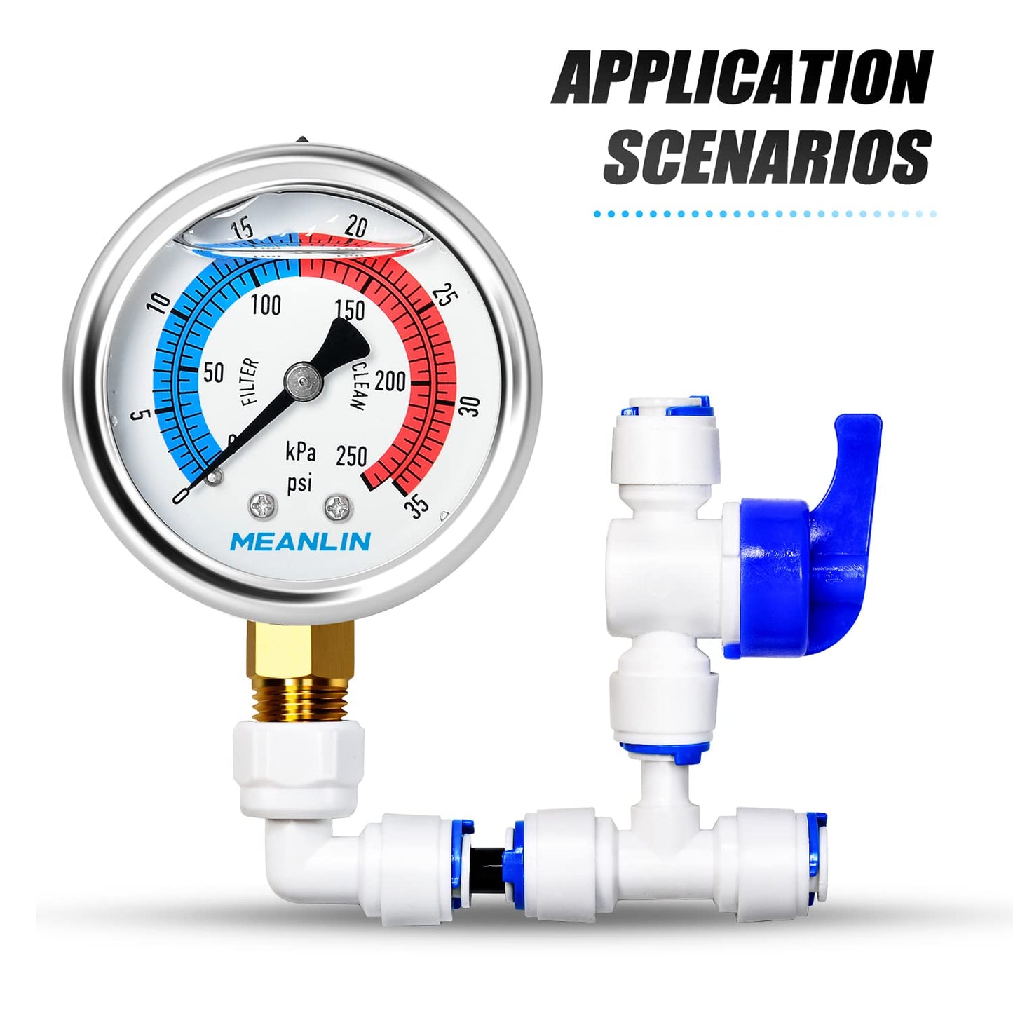 MEANLIN MEASURE 1/4" NPT 0-35psi Pressure Gauge, 2" Dial Glycerine Filled Pool Filter, 304 Stainless Steel Housing, Lower Mount, with 1/2" NPT and 3/8" NPT Hex Bushing