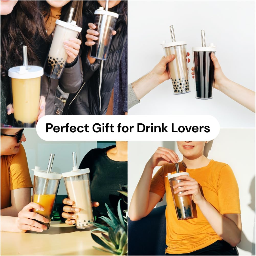 Dodoko Reusable Boba Cup and Straw Boba Tea Cup Bubble Tea Cup Reusable Iced Coffee Cup Cold Coffee Cup Smoothie Cup with Lid and Straw Smoothie Cup to go Smoothie Tumbler 17 oz - Bubble Pink